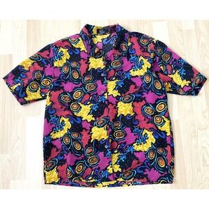 Vtg Silk House Women's M Blouse Psychedelic Colorful Button-Up